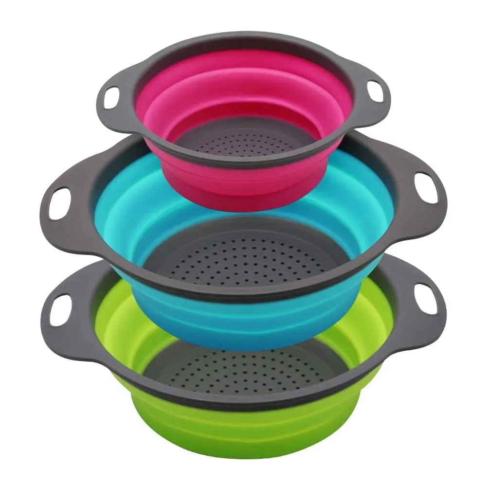 Collapsible Colander Set of 3 Round Silicone Strainers, 2 x 4 Quart and 1 x 2 Quart (3-Pack)
