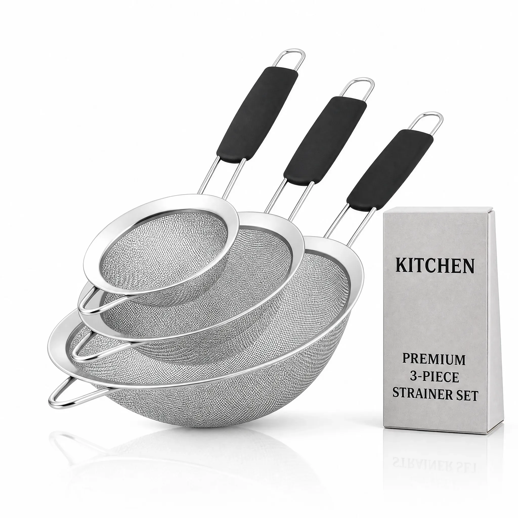 Fine Mesh Strainers, 3-Piece Stainless Steel Sieve Set in 3.15, 4.72, and 7.87 Inch Sizes (2-Pack)